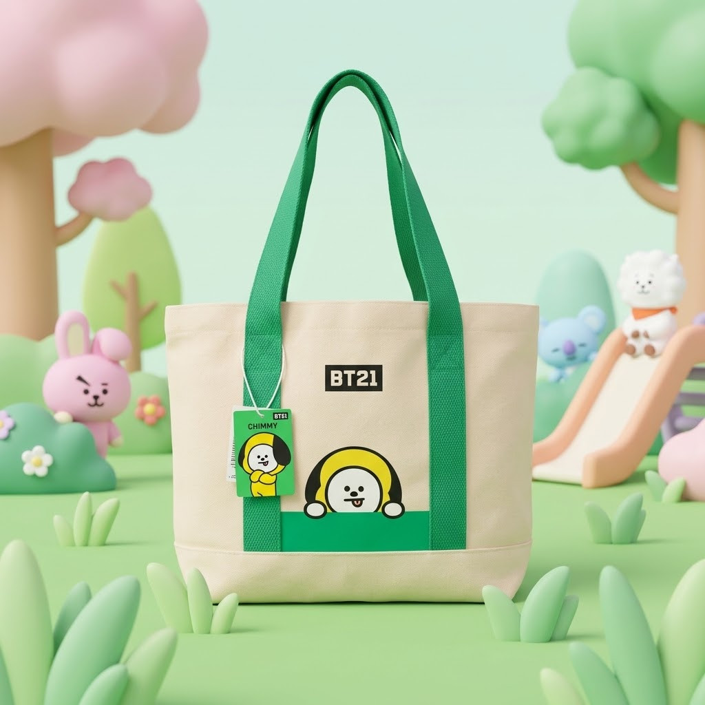 Miniso x BT21 Totebag Canvas Chimmy Beige Green | Tas Tote Sekolah Aesthetic Putih Gading Hijau Akse