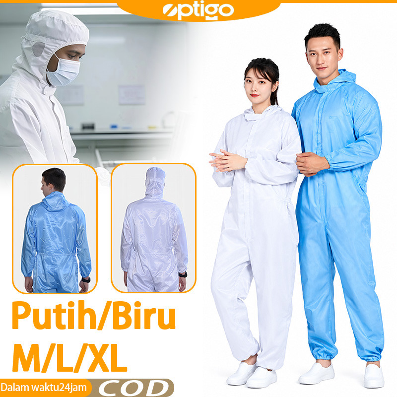 Baju Antistatic Coverall Hoodie  | Baju Anti-Statik / Coverall ESD Premium-Putih/Biru
