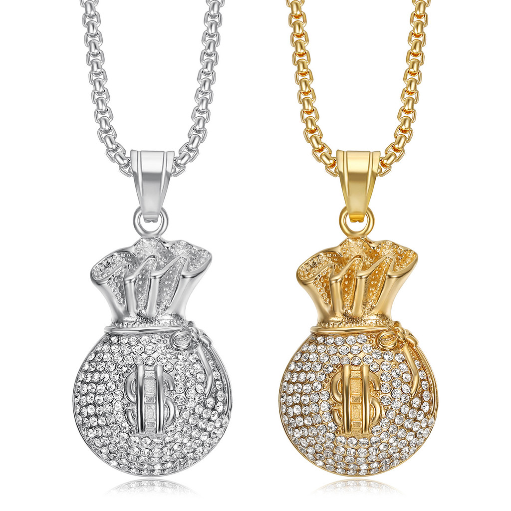 Stainless Steel Berlapis Emas Berlian Dolar AS Kalung Liontin Tas Uang