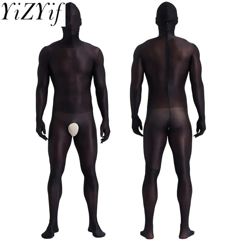 Men's Glossy Bodystocking Full Body Suit See-though Stretch Nylon One Piece Overall Catsuit with Hea