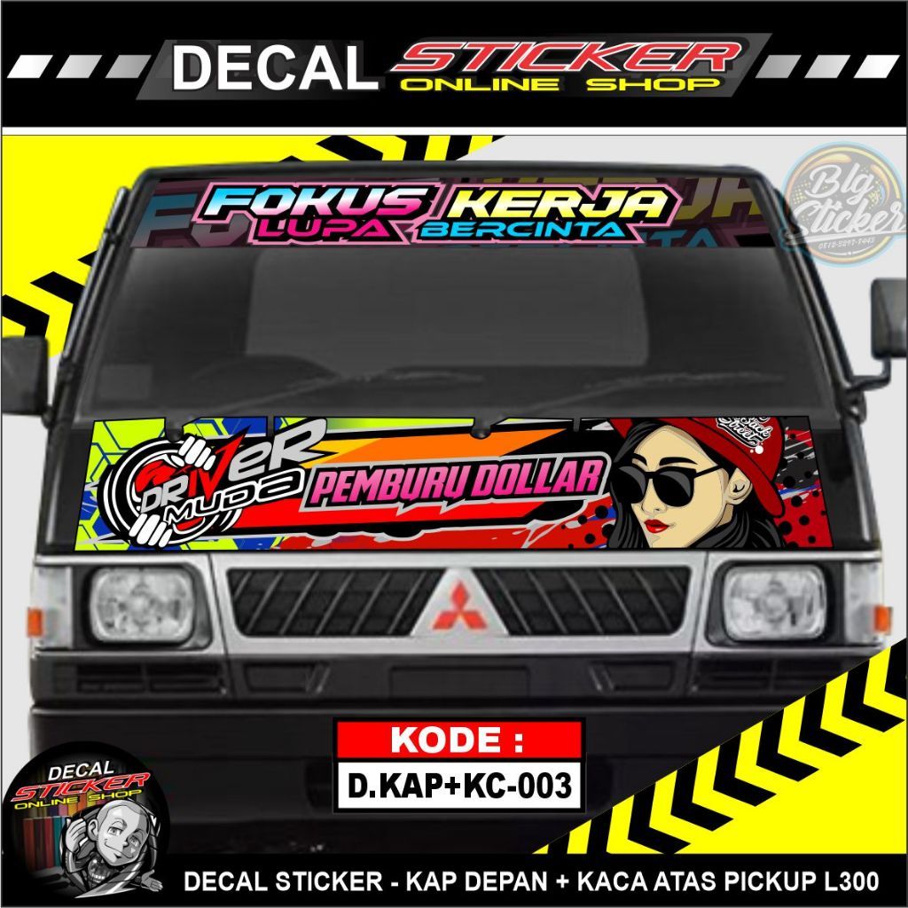 Stiker Mobil Pickup L300 Decal Print Variasi Kap + Kaca Depan