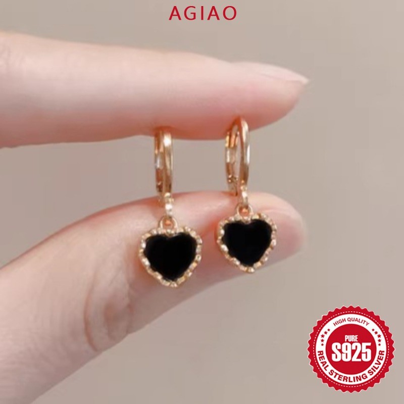 AGIAO Anting-anting Emas Hati Cangkang Hitam Vintage Mewah Untuk Wanita