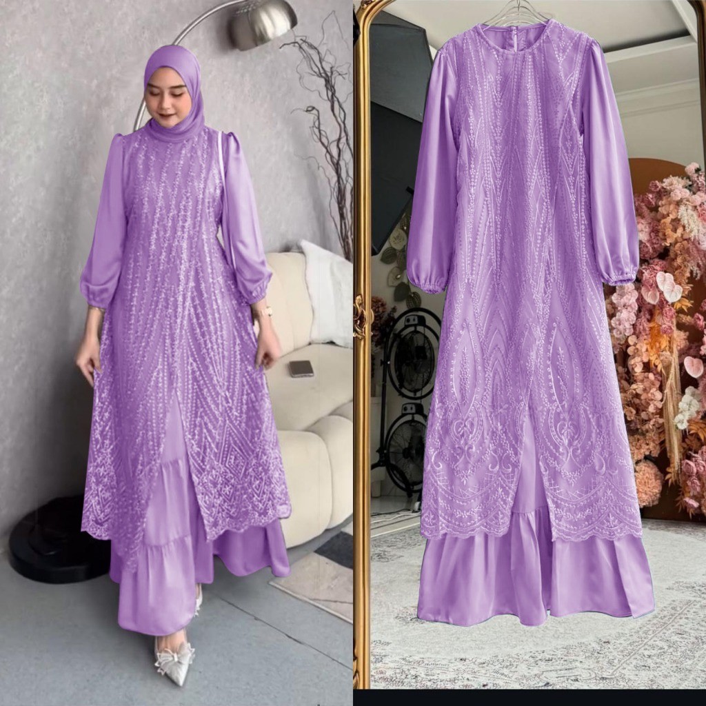 [𝐏𝐚𝐝𝐮 𝐃𝐫𝐞𝐬𝐬] Gamis Pesta Brukat Jumbo Lilac – Seragam Kondangan & Bridesmaid Kekinian