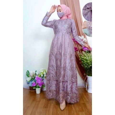 [Padu Dress] Gamis Brukat Premium Ungu Lavender – Baju Couple Ibu Anak Remaja Dewasa untuk Pesta & K
