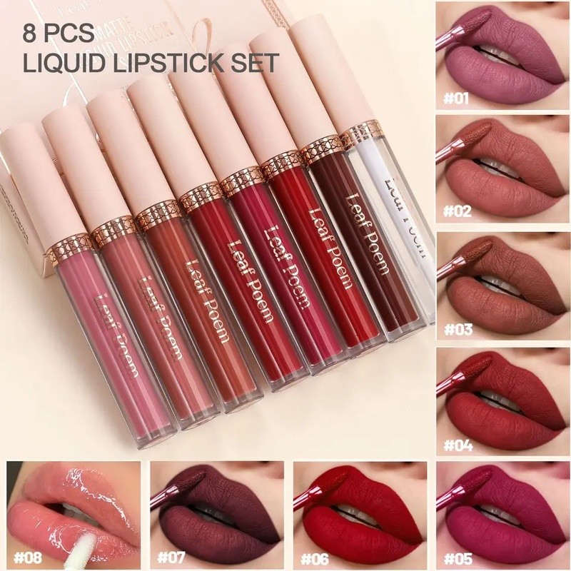 8 pcs lipstik cair matte, lip glaze - tahan air, tidak lengket, lip gloss tahan lama, warna coklat, 