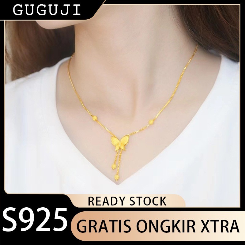 GUGUJI Kalung Emas Vietnam Pasir Emas Set Gelang Kupu-Kupu Kuningan Berlapis Emas Fashion Kalung Wan