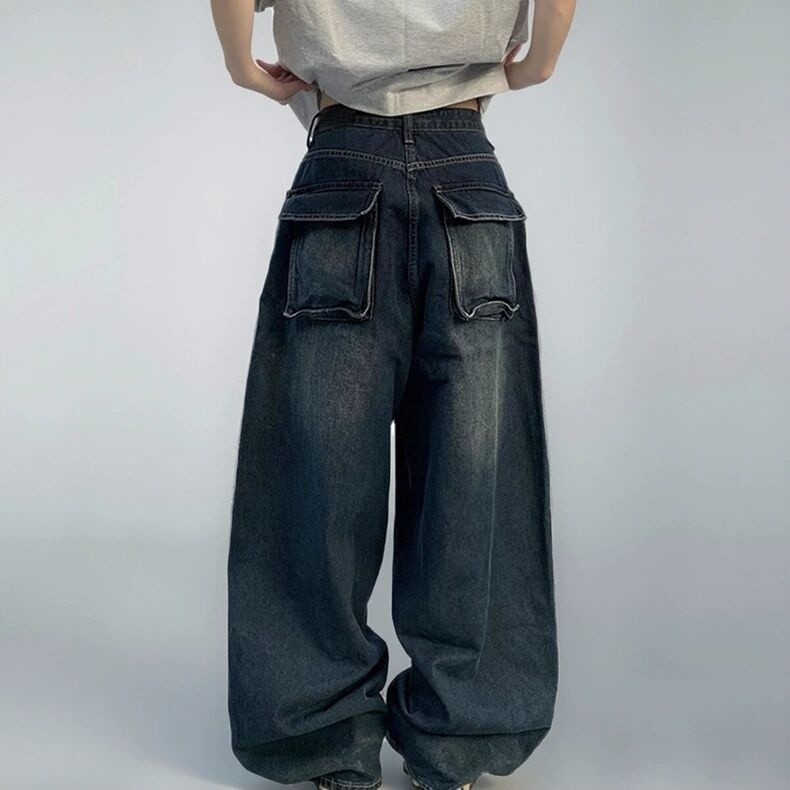 Jeans biru wanita ukuran besar, celana jeans longgar gaya Korea, celana jeans kaki lebar