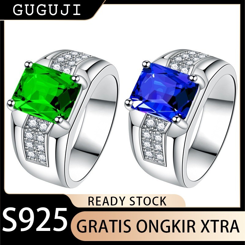 GUGUJI Cincin Zirkon Batu Permata Biru-Hijau Dua Warna Fashion Trendy Pria Bisnis Dominan Cincin Ber