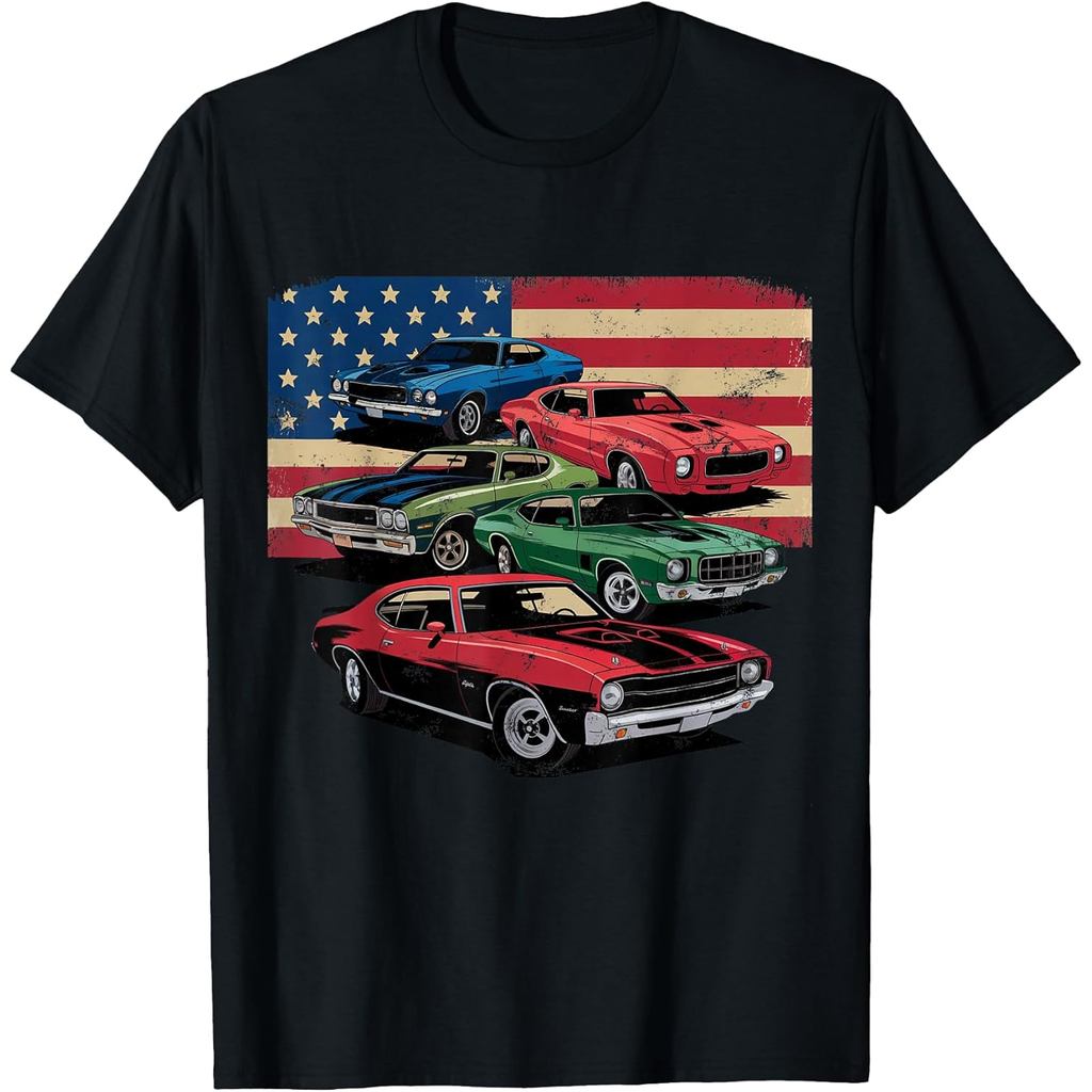 Kaos Bendera Amerika Patriotik Mobil Otot Vintage