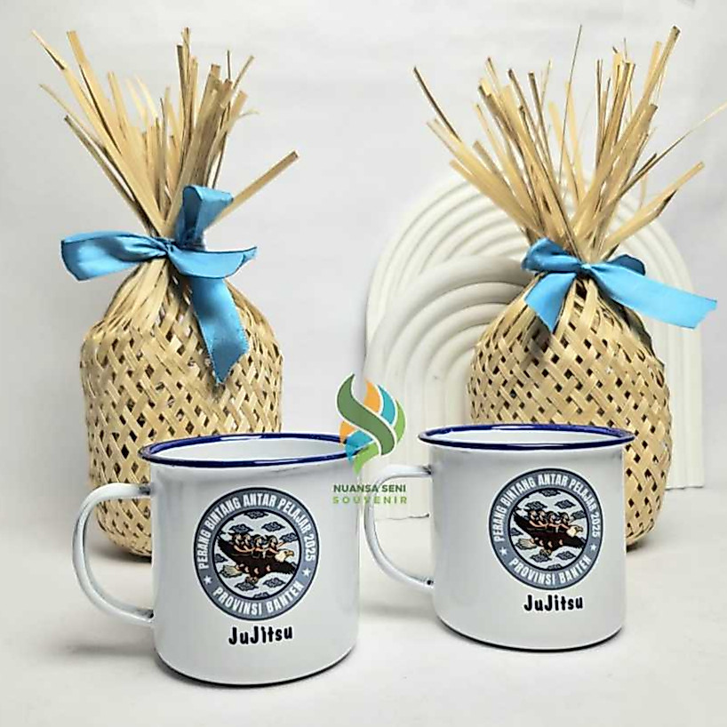 Souvenir Gelas Cangkir Enamel Putih Mug Gagang Teh Tumbler Minum Kaleng Antik Custom Sablon Decal