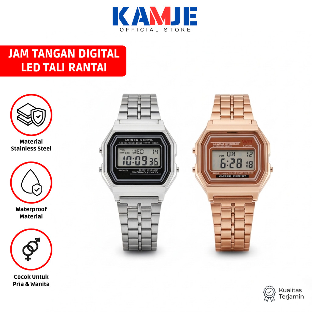 KAMJE Jam Tangan Digital LED Rantai Stainless Steel Pria Wanita Fashion Arloji Anti Air KMJ277