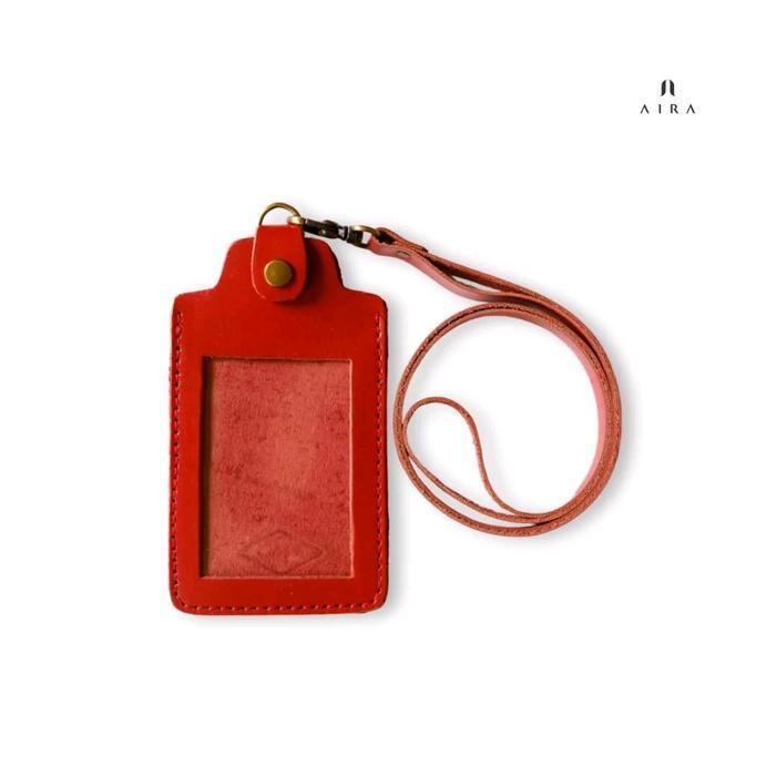 Lanyard Kulit Asli ID Card Holder Nametag - merah cabe