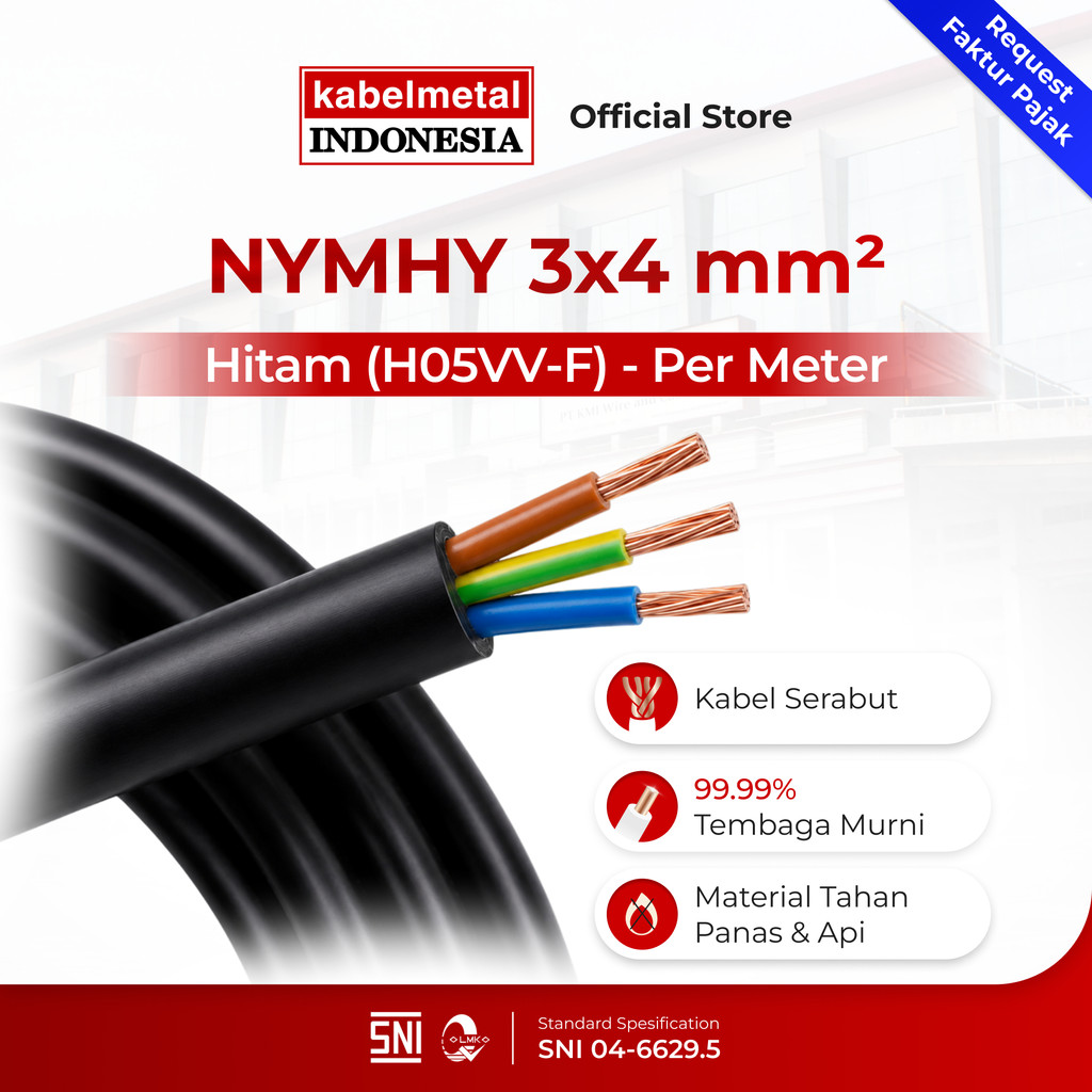 Kabel NYMHY NYYHY 3x4 mm Per Meter kabelmetal INDONESIA - Serabut Tembaga Fleksibel PVC Hitam Listri