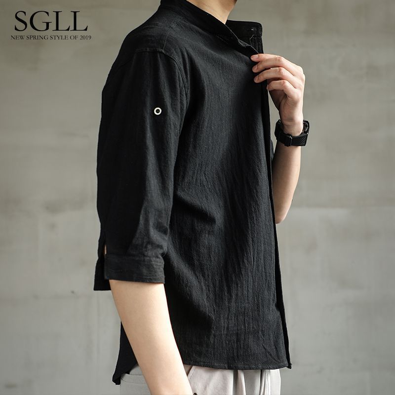Kemeja linen pria, kemeja lengan tiga perempat, pakaian pria longgar, jaket kasual pria katun-linen,