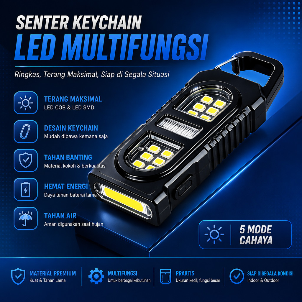Senter LED Keychain Rechargeable COB Multifungsi