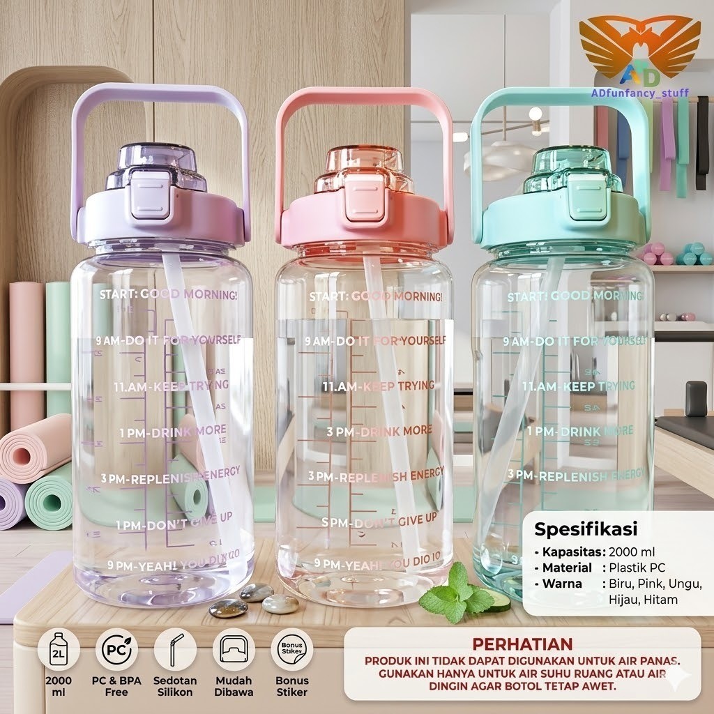 BOTOL MINUM MOTIVASI 2 LITER BENING BPA FREE