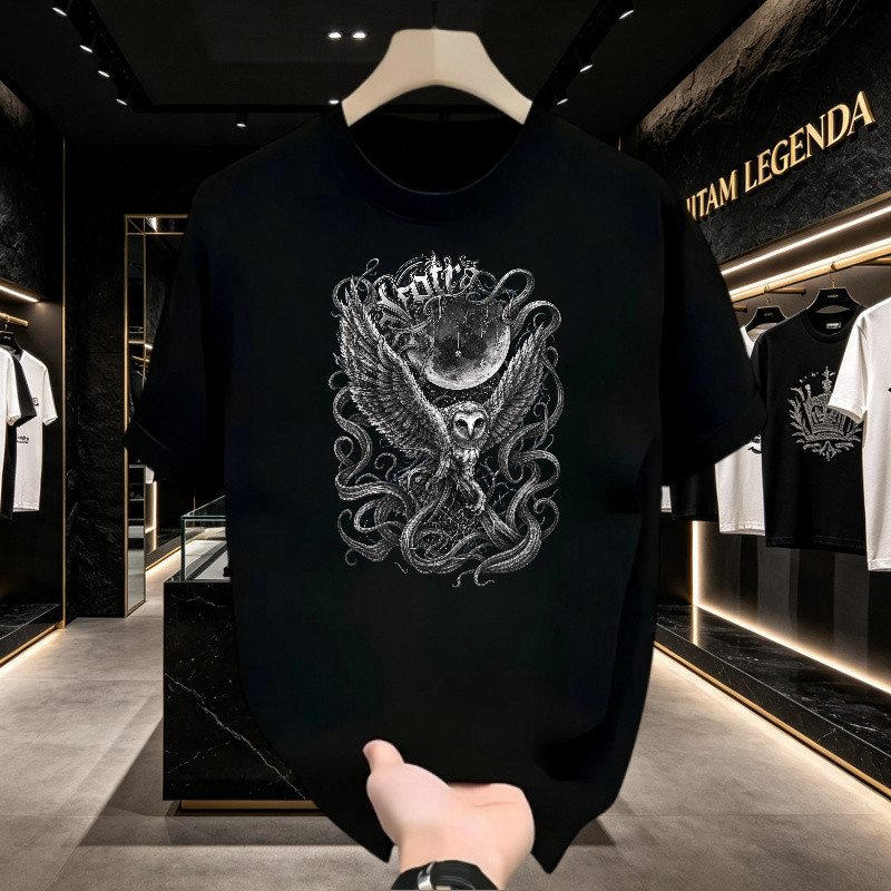 Kaos Pria Distro T Shirt Owl Moon Gothic Sayap Hitam Putih Desain Kaos Unisex