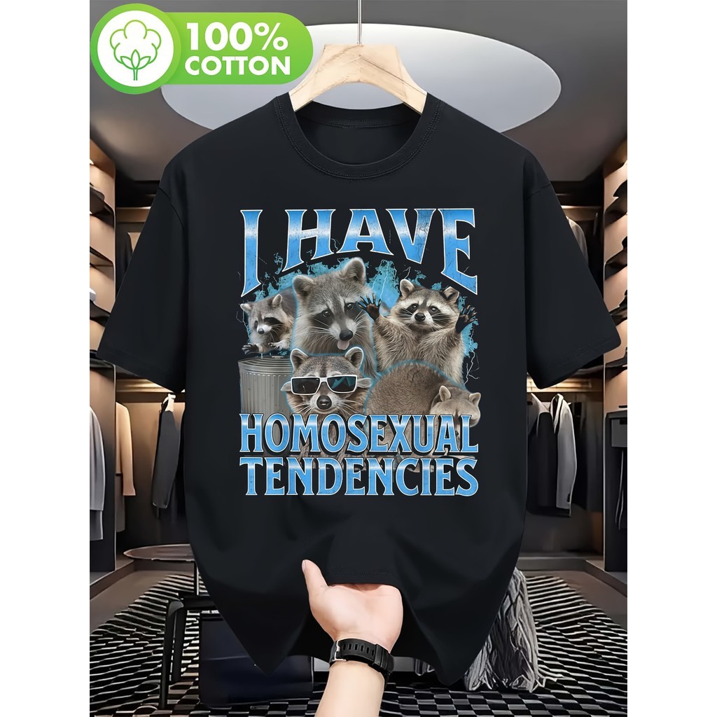 Men's Funny LGBTQ+ Meme T-Shirt - Bold "I Have Homosexual Tendencies" Text with Raccoons in Fashion