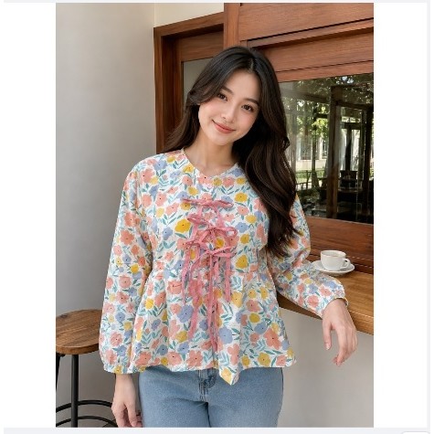 Atasan BLOUSE GHIANA Katun Motif Blouse Coquette Ribbon Boutique sakura