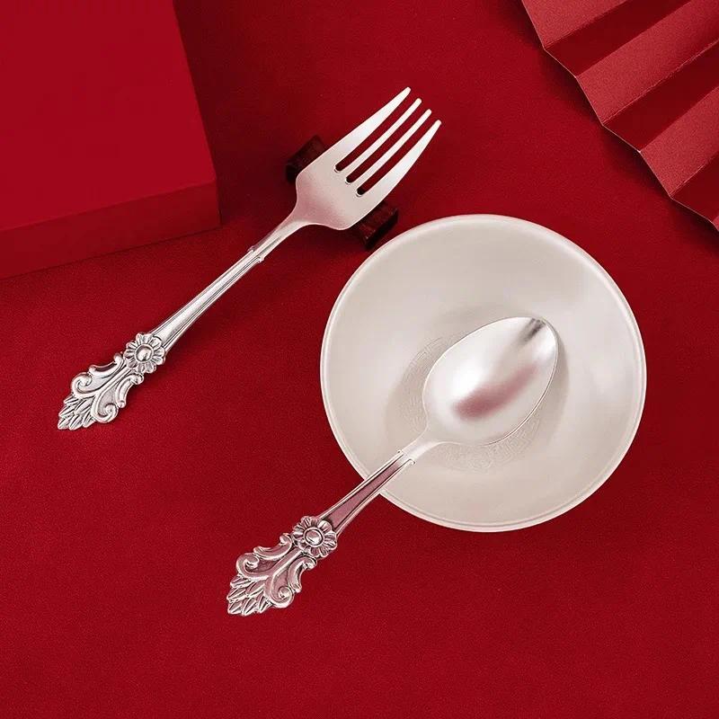 Silver Spoon 999% Pure Silver Vintage Carved Silver Spoon Silver Fork Household Silver Tablee Fruit 