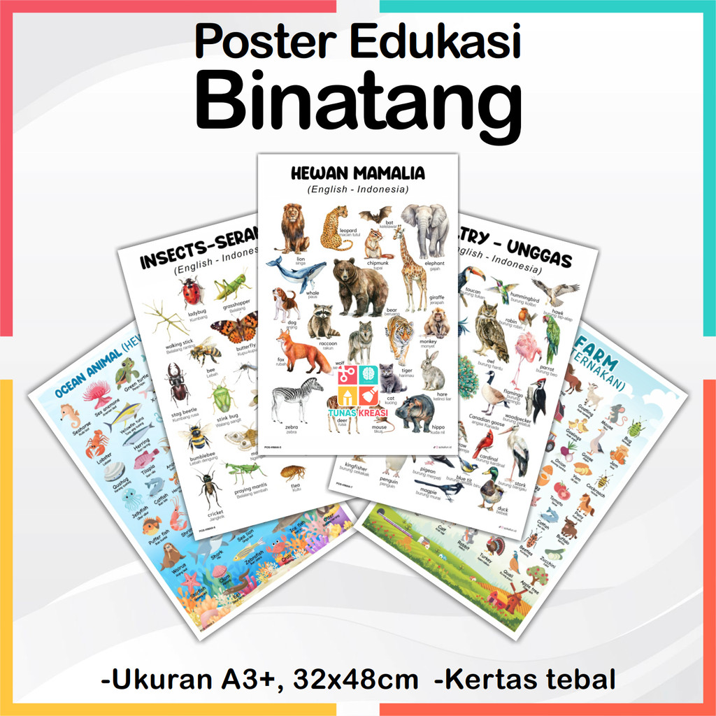 Poster Edukasi HEWAN - Poster binatang darat, hewan laut, poster edukasi Tunas Kreasi