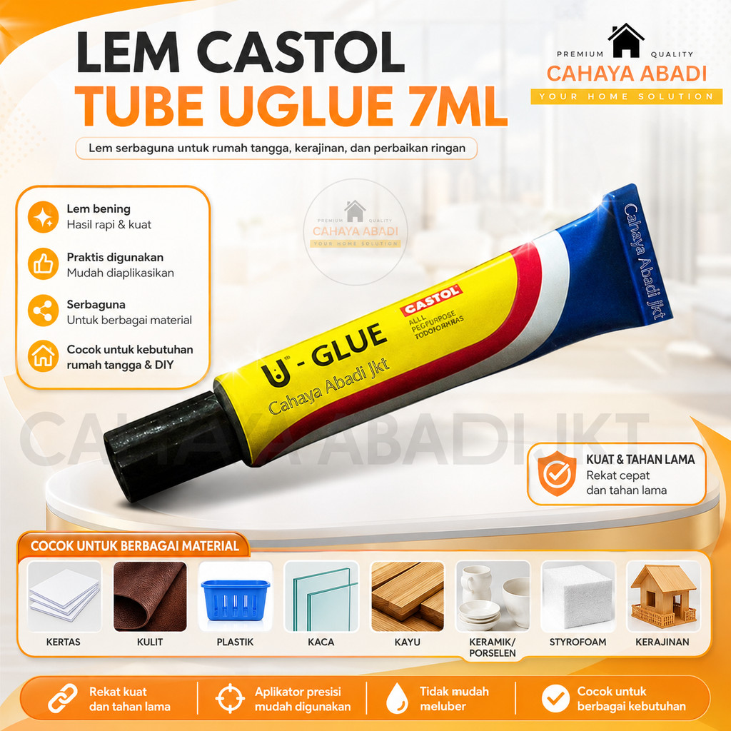 Lem Castol Tube UGlue 7Ml   Transparan Super Kuat Cepat Serba Guna untuk Kaca Plastik dan Barang Rum