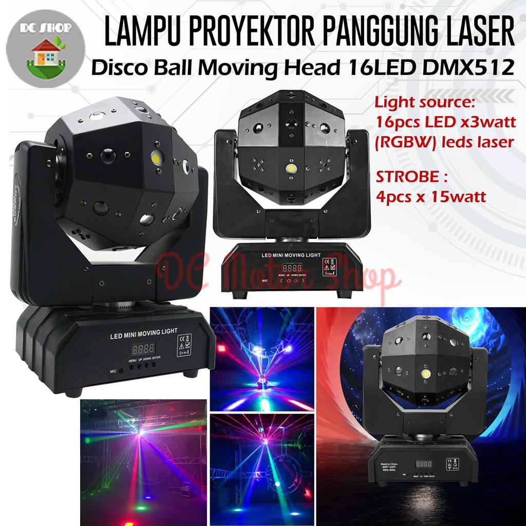 Lampu Proyektor Panggung Laser Disco Ball Moving Head 16LED DMX512 / Lampu Laser Panggung