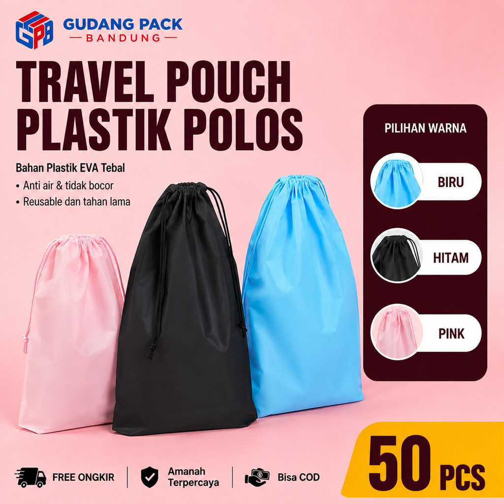 [ 50 PCS ] Travel Pouch Plastik Polos | Drawstring Tas Serut| Kantong Serut Kosmetik | Tas Serut Pou