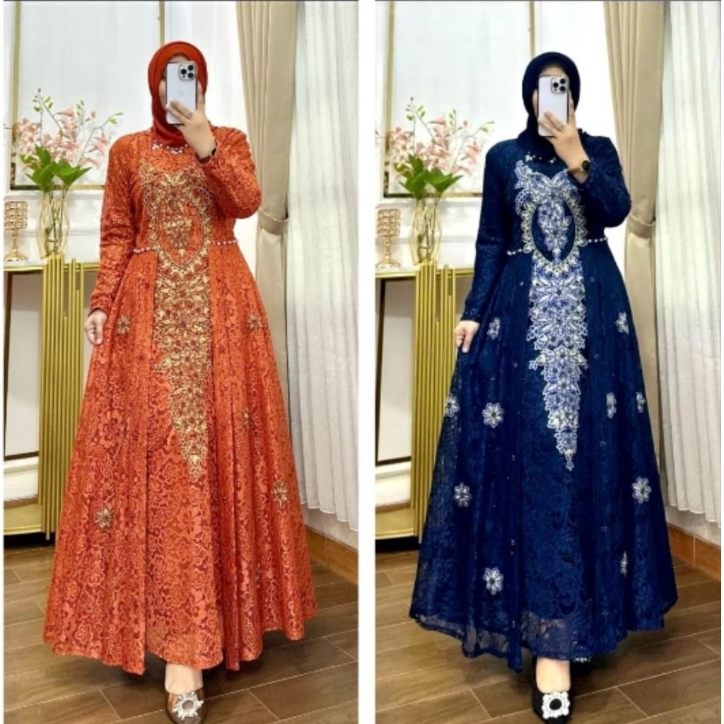 Terbaru gamis brokat bordir bulet lengkap dengan payet manual mewah/gamis lebaran/gamis wanita/gamis