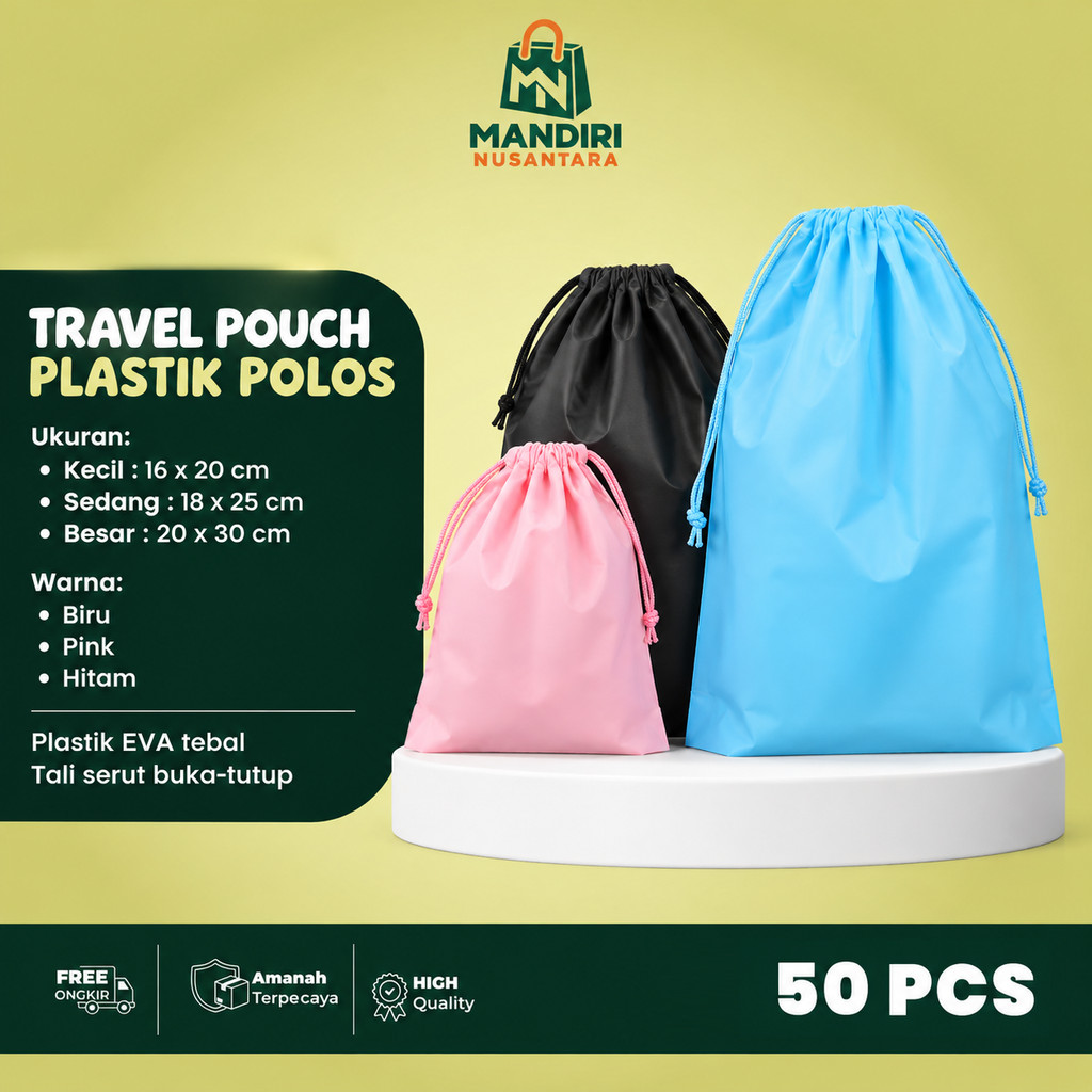 [ 50 PCS ] Travel Pouch Plastik Polos | Drawstring Tas Serut| Kantong Serut Kosmetik | Tas Serut Pou