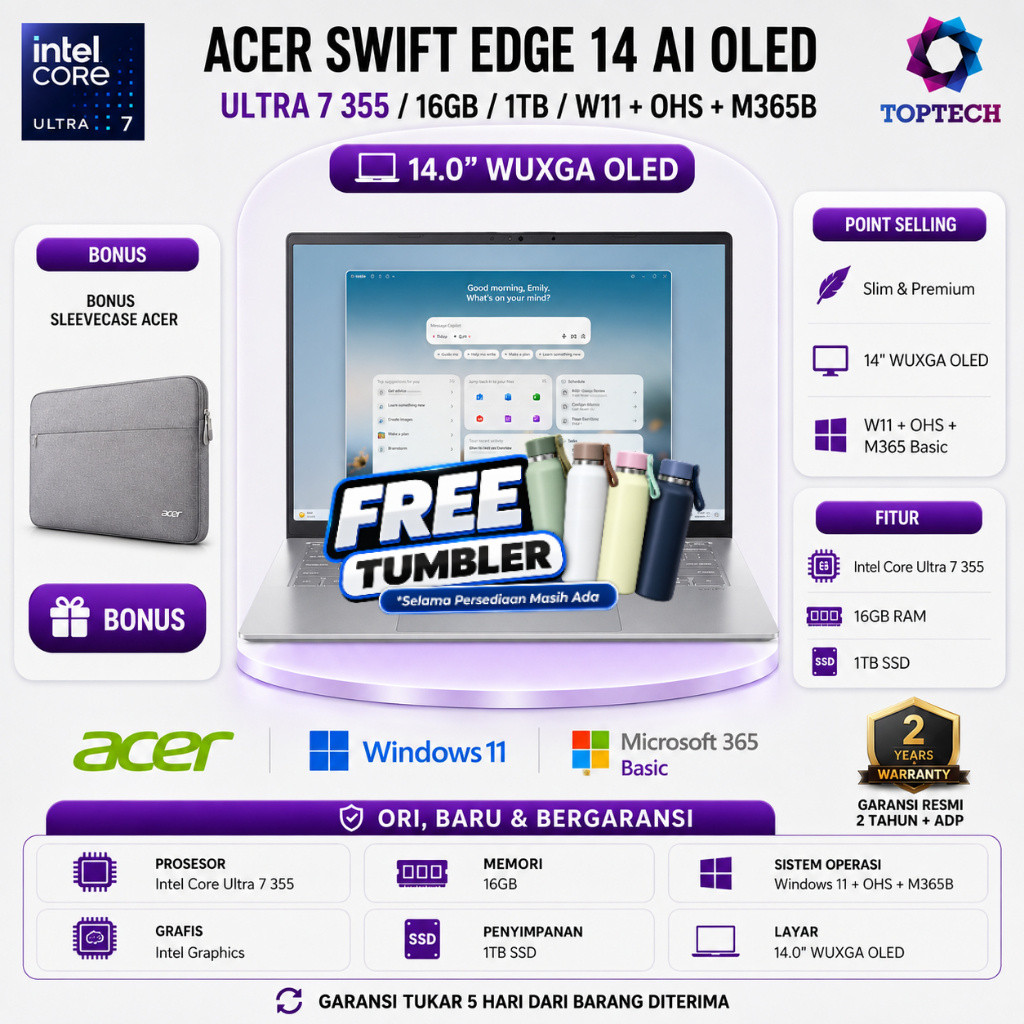 ACER SWIFT EDGE 14 AI OLED ULTRA 7 355 16GB 1TB SSD 14.0WUXGA W11 PLUS OHS