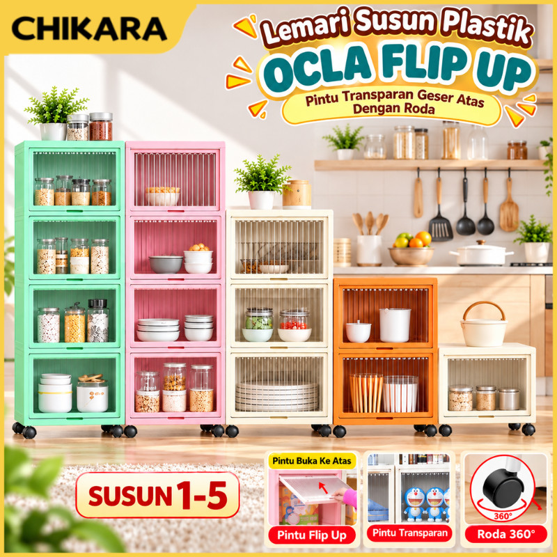 C  Lemari Pakaian Plastik OCLA FLIP UP Lemari Susun Rak Sepatu Pintu Transparan Geser Atas Roda