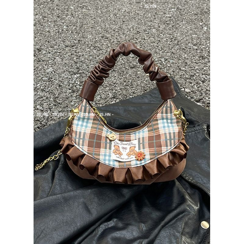 JS.HN - Tas Tangan Wanita Retro Dengan Motif Kotak-kotak Dan Beruang Coklat Tas Selempang Bertepi Re