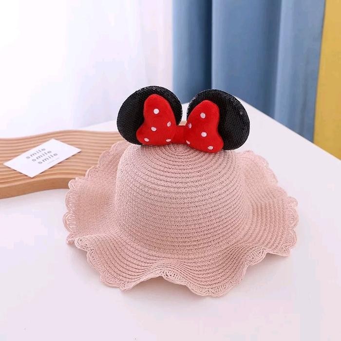Topi Pantai Jerami Model Minnie Pita Anak Perempuan Fashion Cantik, Import Korea, Usia 4-8 Tahun buc