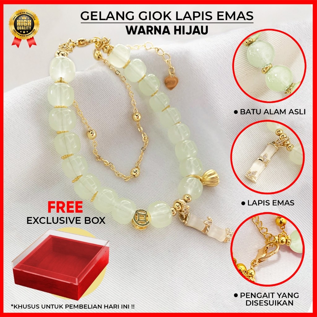 Gelang Giok Wanita Motif Bambu Berlapis Emas 18K – Anti Luntur, Elegan, BONUS Exclusive Box