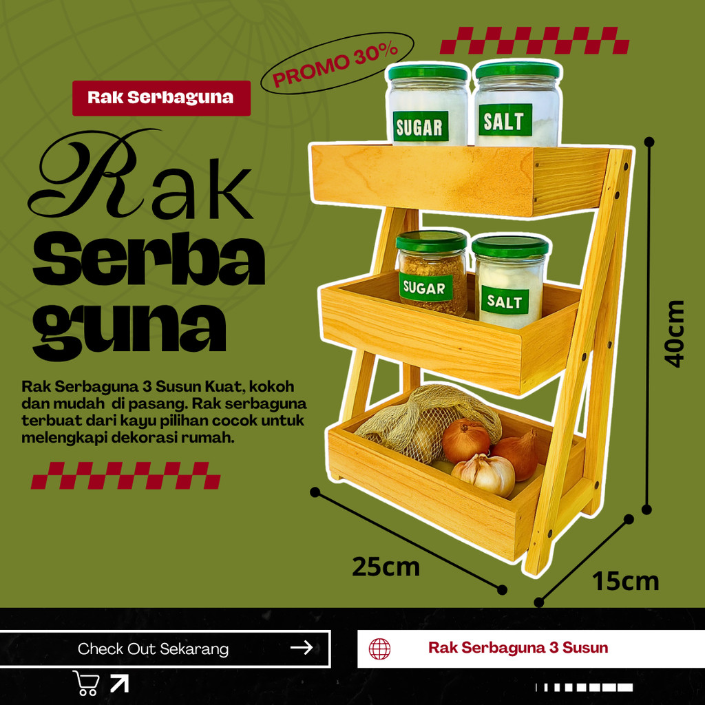 Rak Bawang Kayu 3 Susun / Rak Bumbu Serbaguna