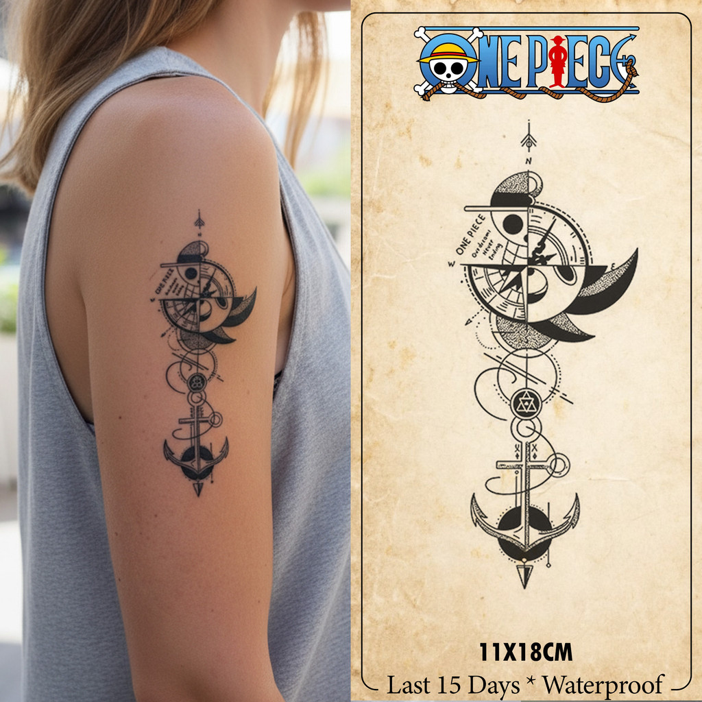 Stiker Tato One Piece 18x11cm – Desain Kompas dan Anchor Simbol Petualangan – Tato Temporer Anime Wa