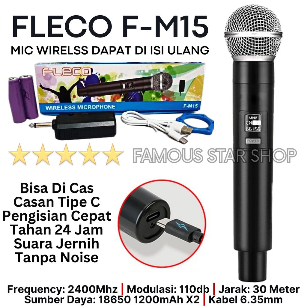Terlaris Mic Wireless Cas Profesional Nirkabel Tanpa Kabel Charger UHF Fleco F M15|Bisa COD, CASH DA