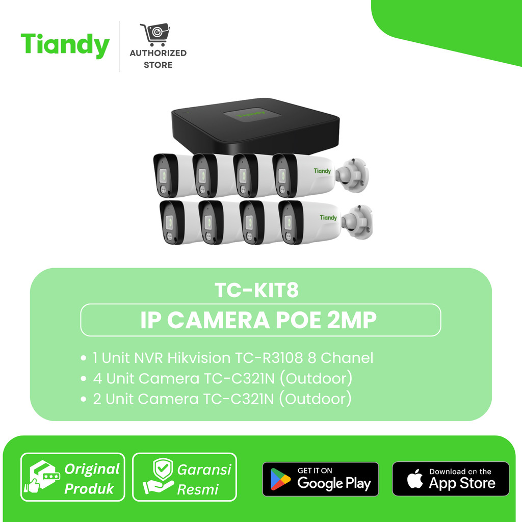 Tiandy TC-KIT 8Chanel AK Paket 2MP Kamera POE 8 Kamera CCTV
