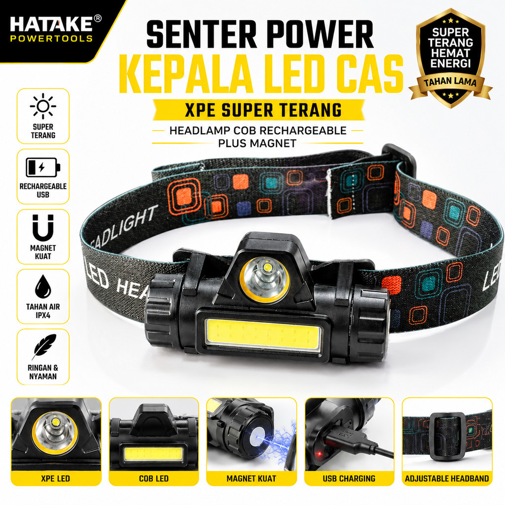 SENTER POWER KEPALA MINI LED CAS XPE SUPER TERANG  HEADLAMP COB RECHARGEABLE PLUS MAGNET ORIGINAL