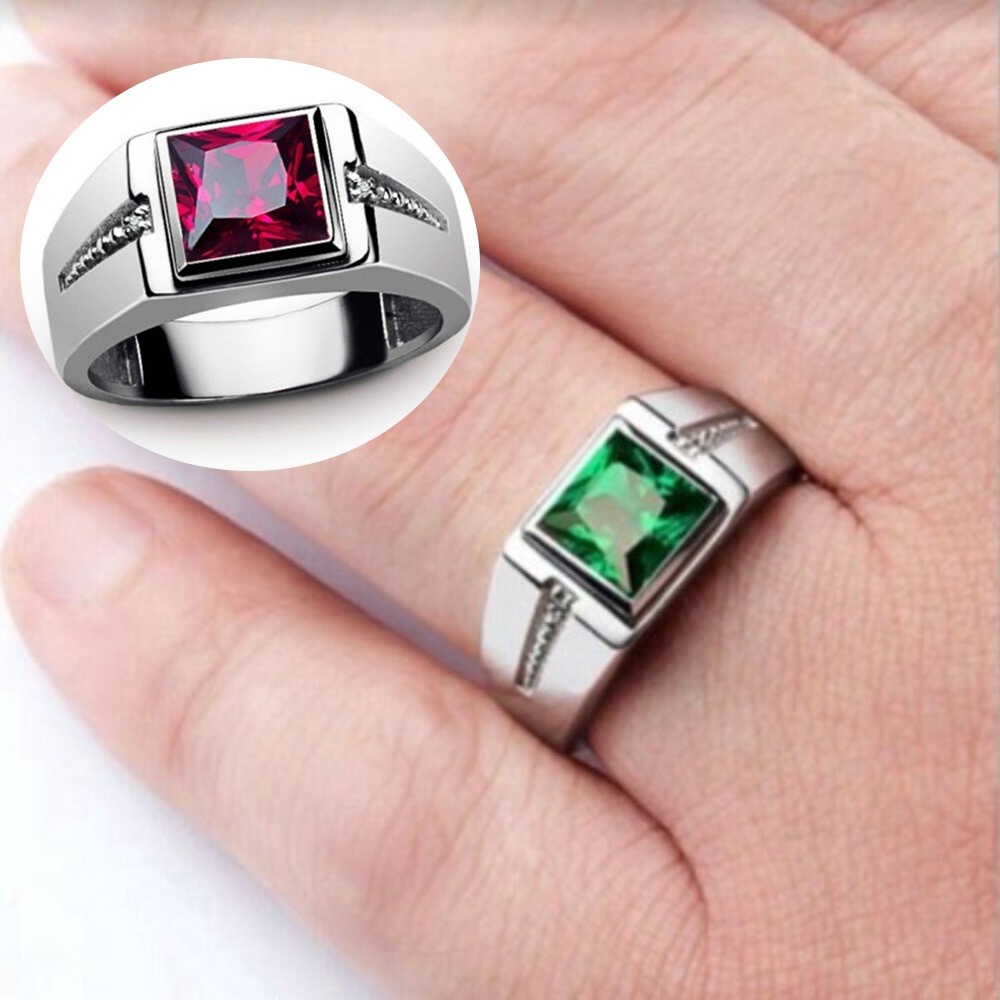 Cincin Pria Perak Model Kotak Batu Zirkon Merah Hijau Berkilau Gaya Mewah Elegan Sehari Hari Bisnis 