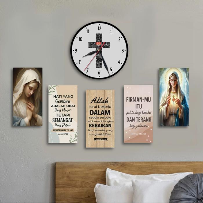 Jam Dinding Kayu SALIB + 5 Hiasan Dinding Bunda Maria Yesus - YESUS-A