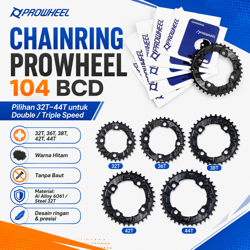 Chainring Prowheel 36T 38T 42T 32T 104 BCD 44T BCD untuk double Triple chainring sepeda 104BCD