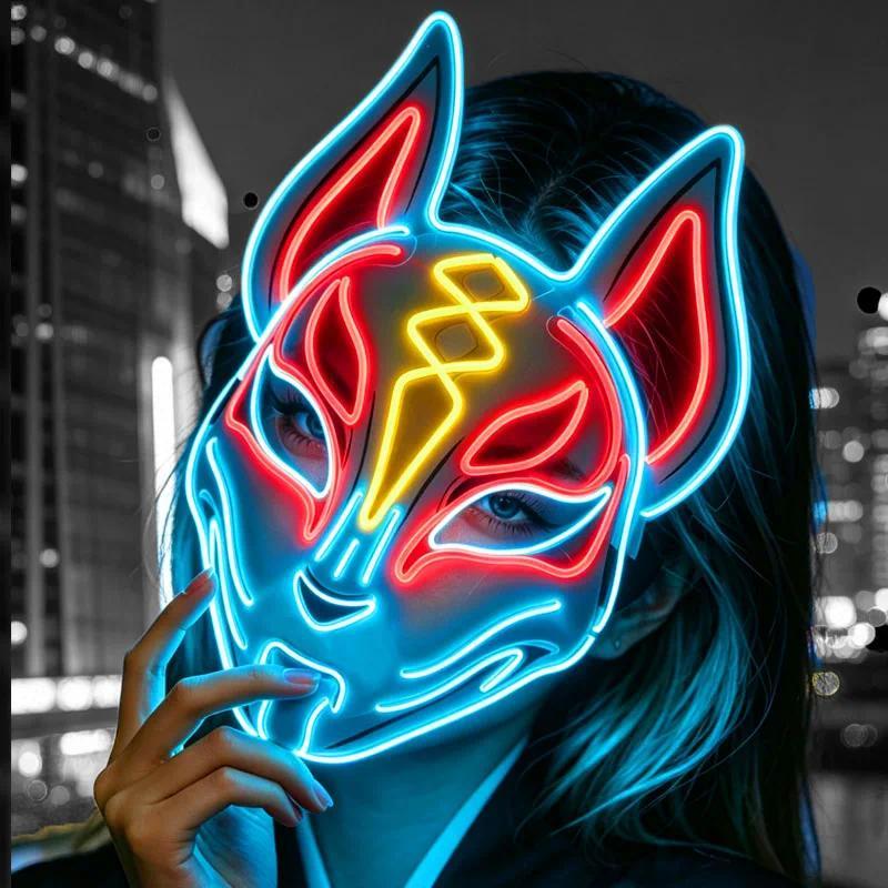 Glowing Japanese Kitsune fox Mask Neon LED Light Mask full Face Mask for Halloween Carnival nightclu