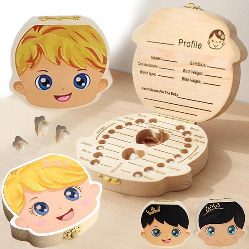 Baby Wood Tooth Box Organizer Milk Teeth Storage Language Spain English Collect Teeth Umbilica Save 