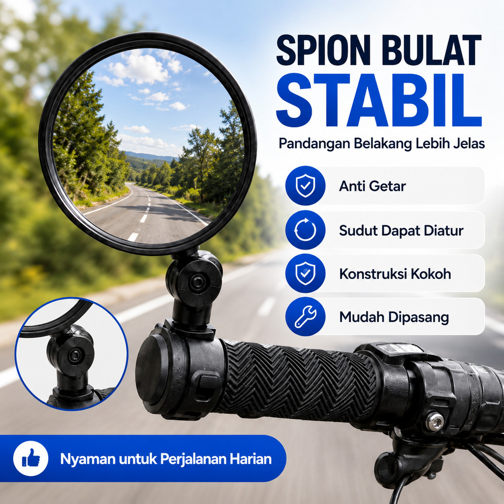 Spion Sepeda Listrik Motor Bulat Universal Gagang Panjang 8mm Kaca Cembung Convex Mirror Wide Angle 