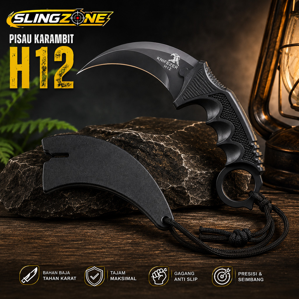 Pisau Karambit H12 KNIFEZER | Karambit Tactical Outdoor | Gagang Anti Slip + Sarung