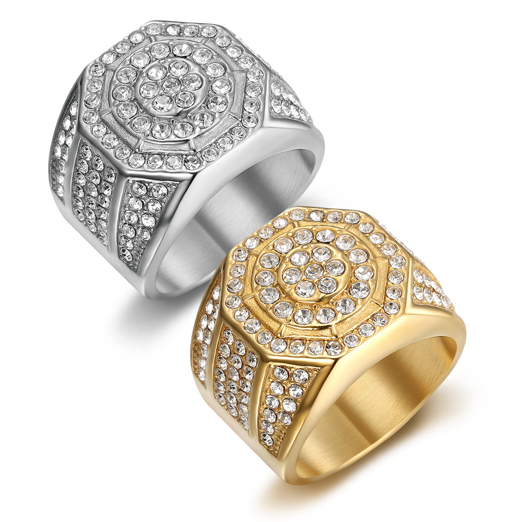 Set Atmosfer Cincin Pria dengan Pita Berlian Titanium Octagon Diamond Baja