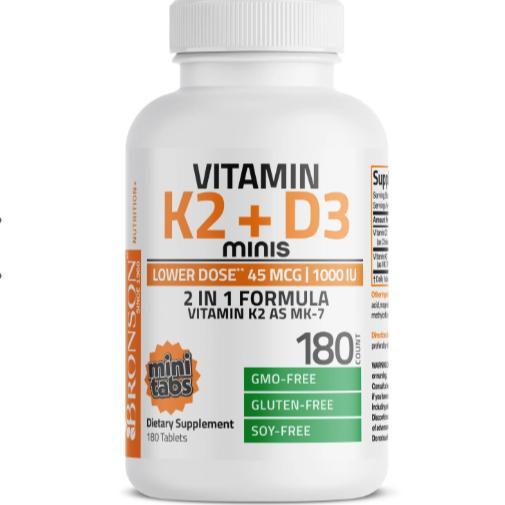 [ Stok Terbaru ] Bronson Vitamin 1000IU D3 45mcg K2 MK7 Mini Tablets Gluten & Soy Free Non GMO - 180