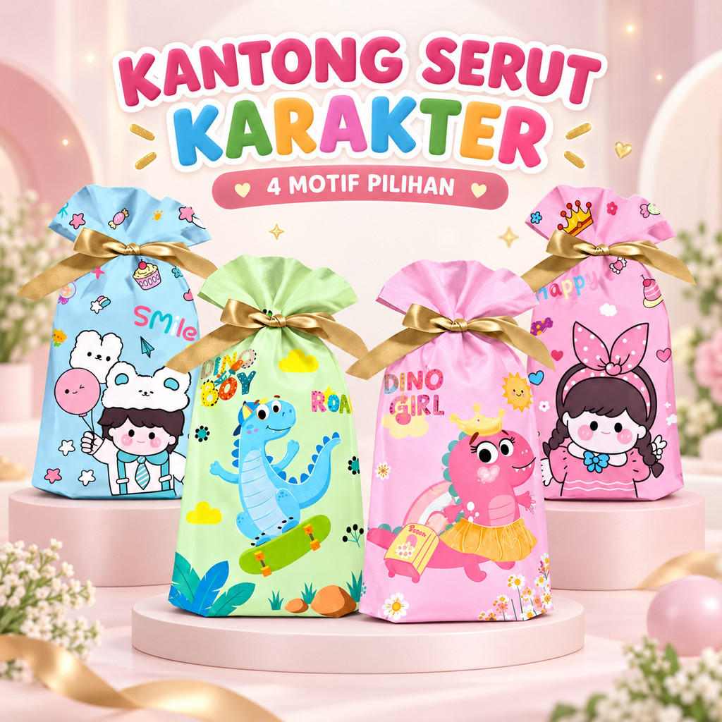 (10PCS) Tas Serut Karakter Dino Anak - Tas Snack Ulang Tahun/ Kantong Plastik Ulang Tahun Anak